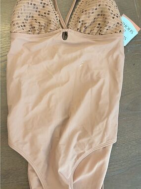 Shade & Shore Crochet Bust One-Piece Swimsuit in Tan Brown Medium New